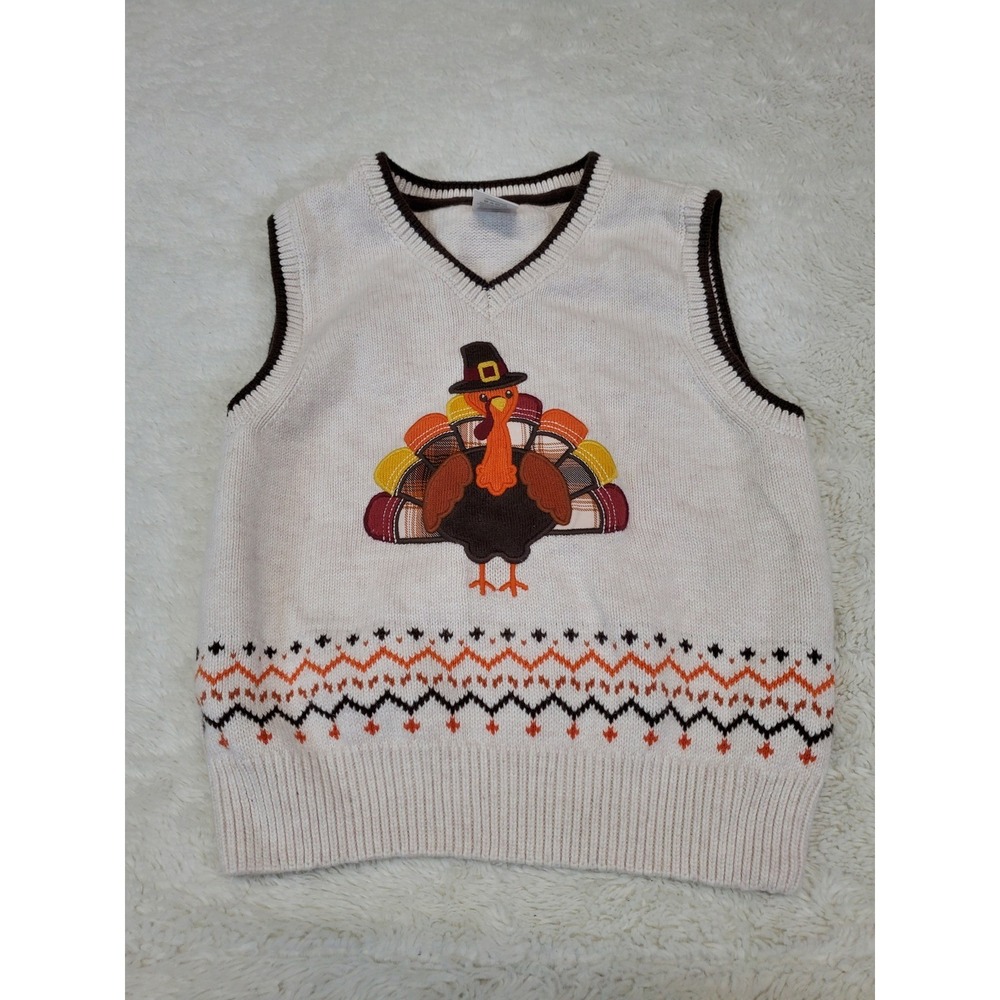 Gymboree Cream Brown Embroidered Fall Thanksgiving Turkey Knit Vest Boy 3T